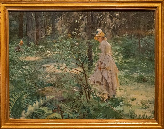 Zornmuseet i Mora Törnsnåret 1986, akvarell, som normalt hänger i Emma Zorns sovrum i Zorngården. Visar Emma, när hon under en promenad på Dalarö, fastnat med kjolen i en buske.